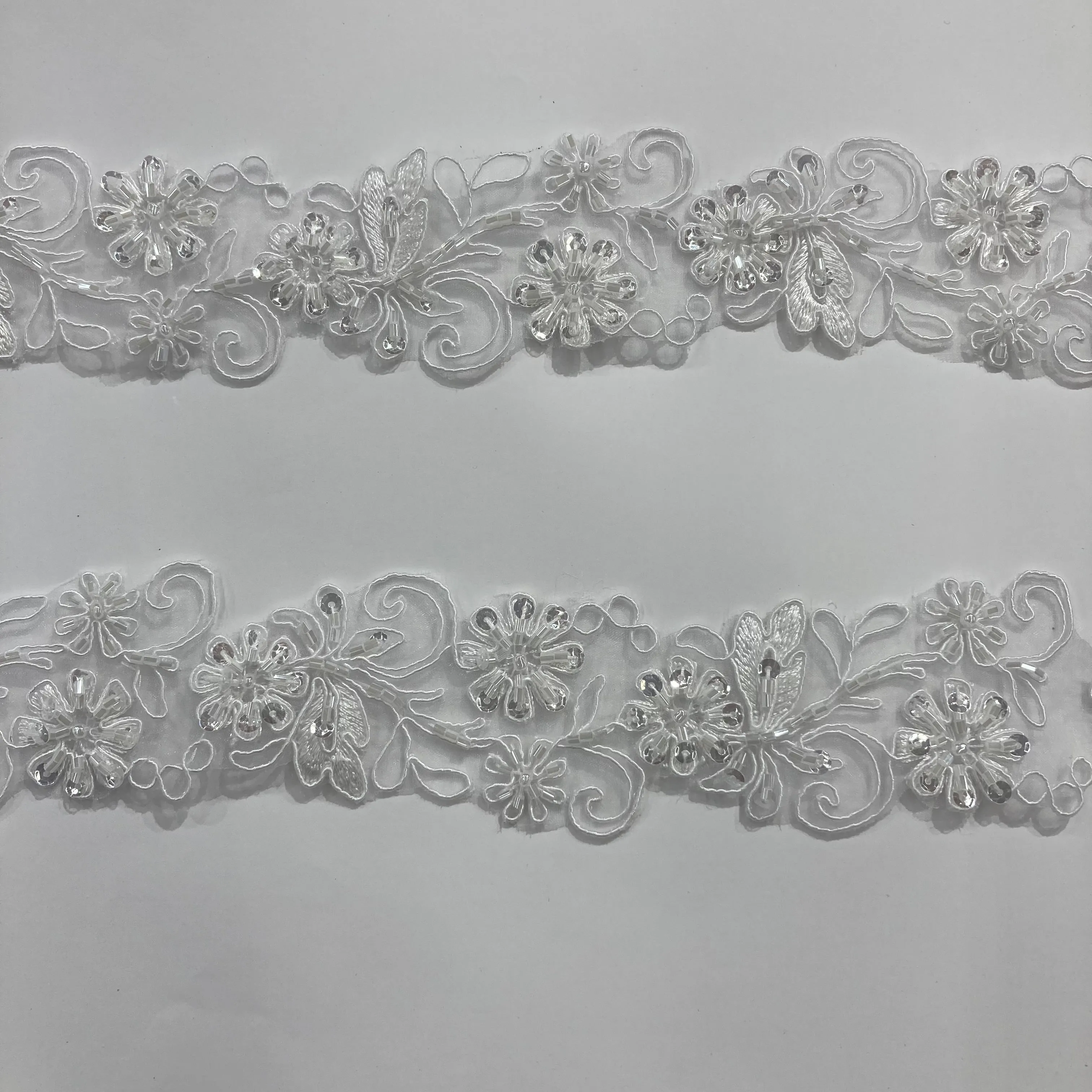 Beaded & Corded Lace Trimming Embroidered on 100% Polyester Organza  | Lace USA - 96283N-BP