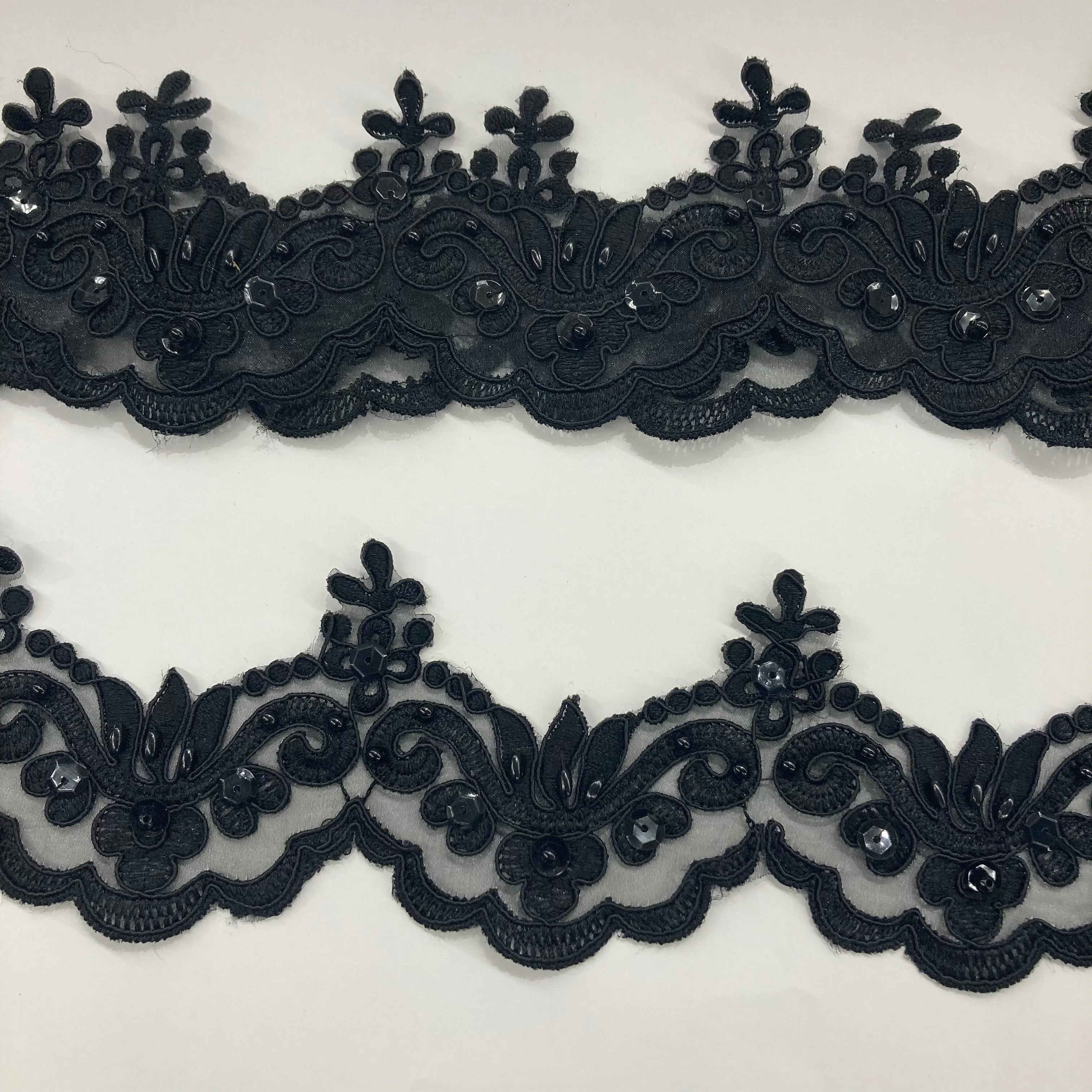 Beaded & Corded Lace Trimming Embroidered on 100% Polyester Organza | Lace USA - KZ-34