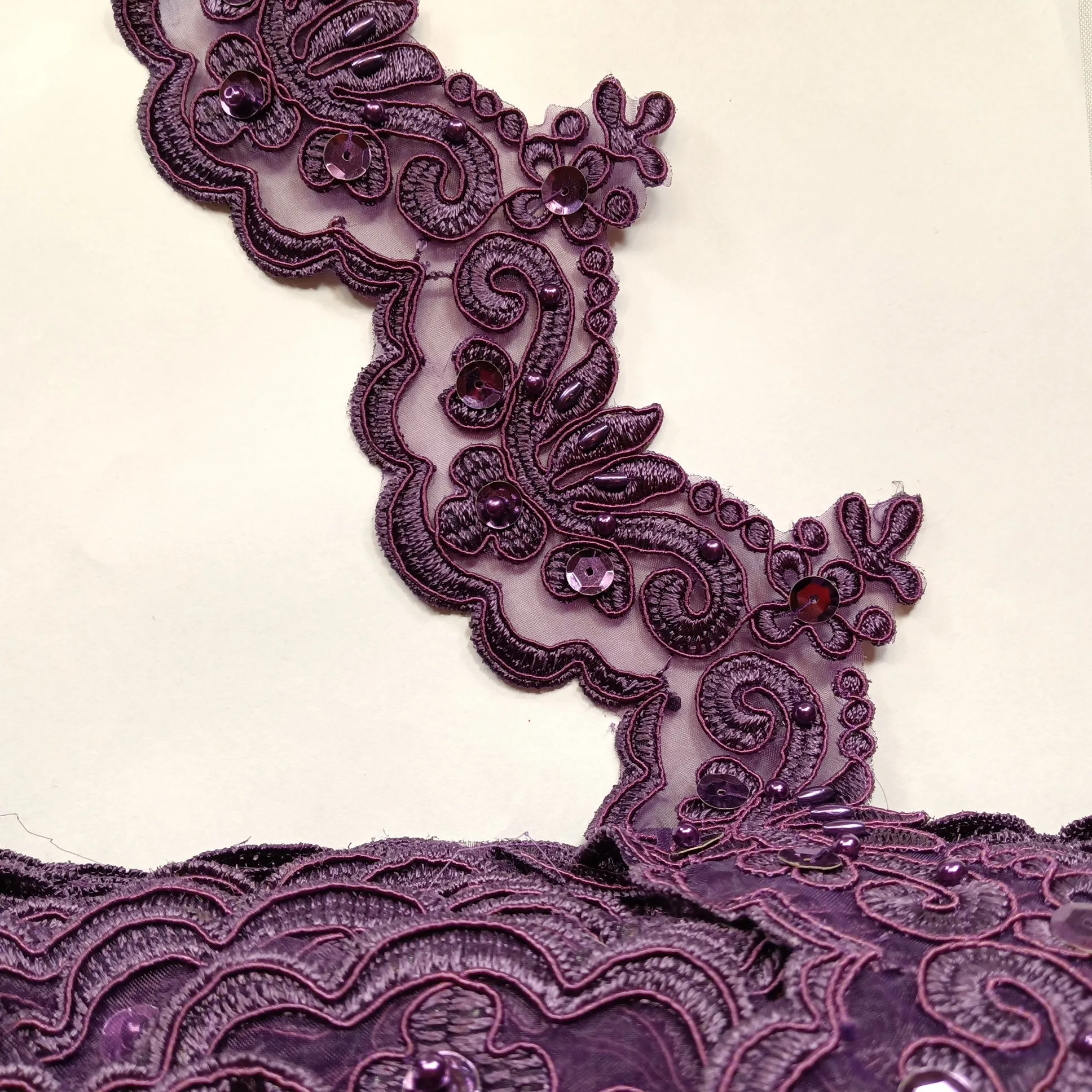 Beaded & Corded Lace Trimming Embroidered on 100% Polyester Organza | Lace USA - KZ-34