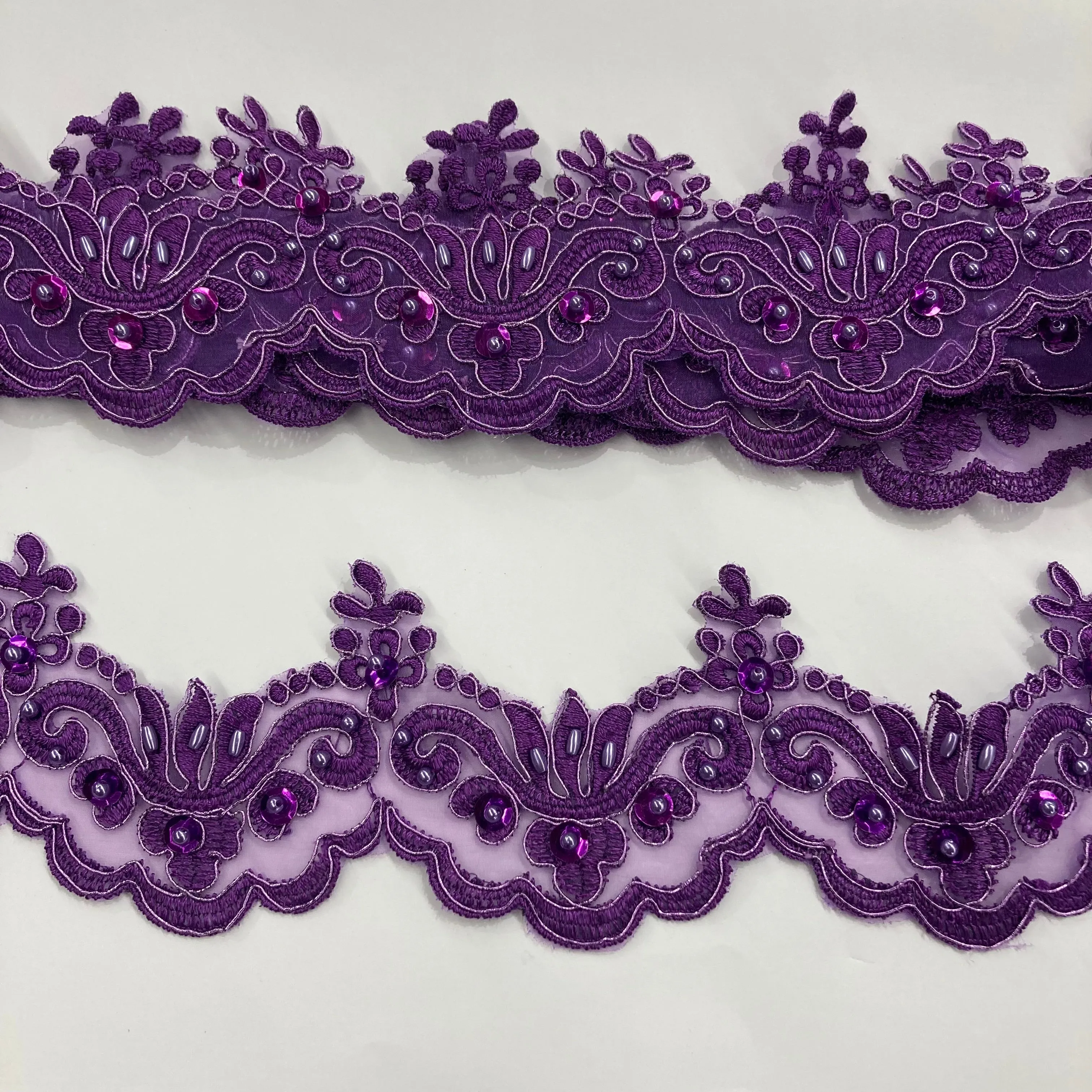 Beaded & Corded Lace Trimming Embroidered on 100% Polyester Organza | Lace USA - KZ-34
