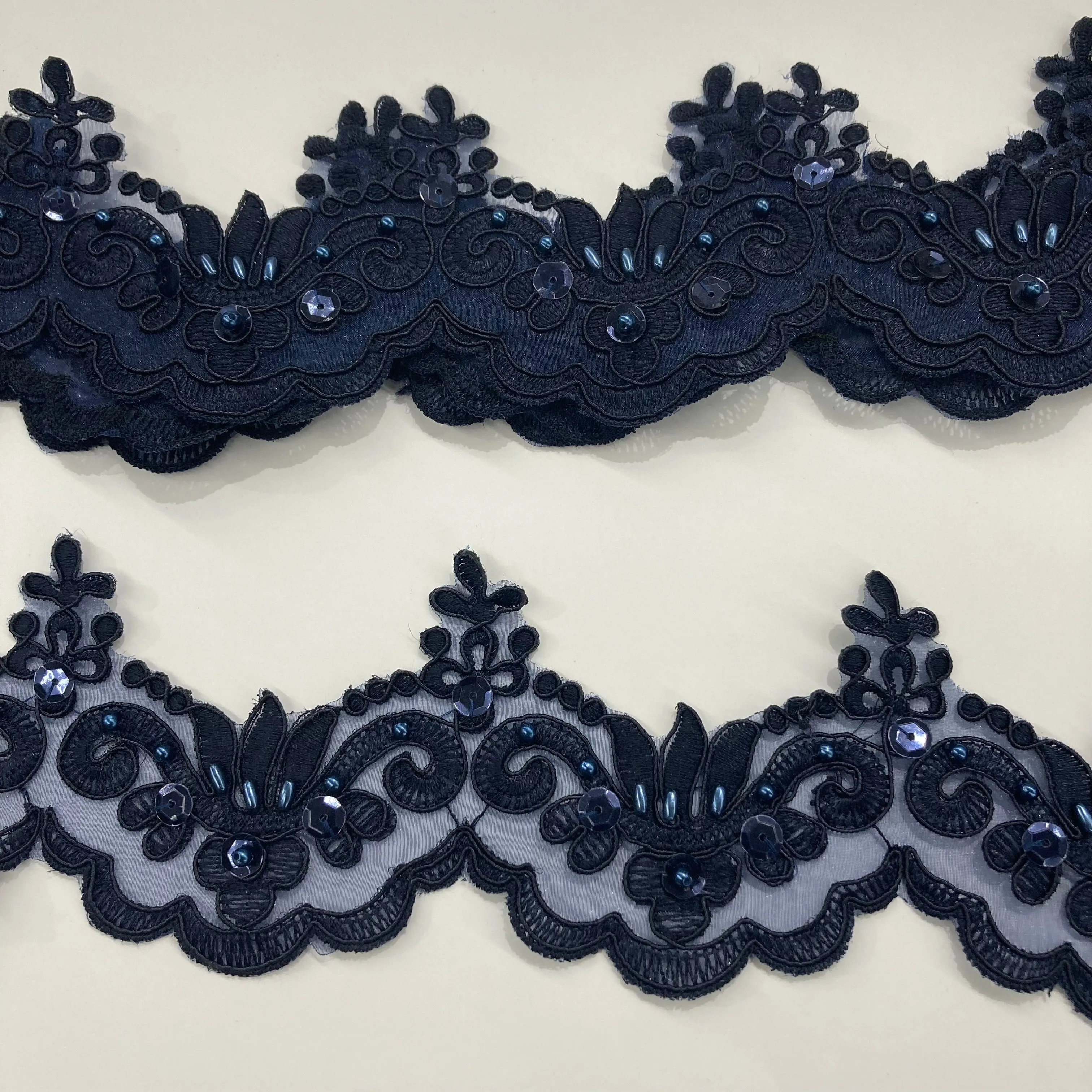 Beaded & Corded Lace Trimming Embroidered on 100% Polyester Organza | Lace USA - KZ-34