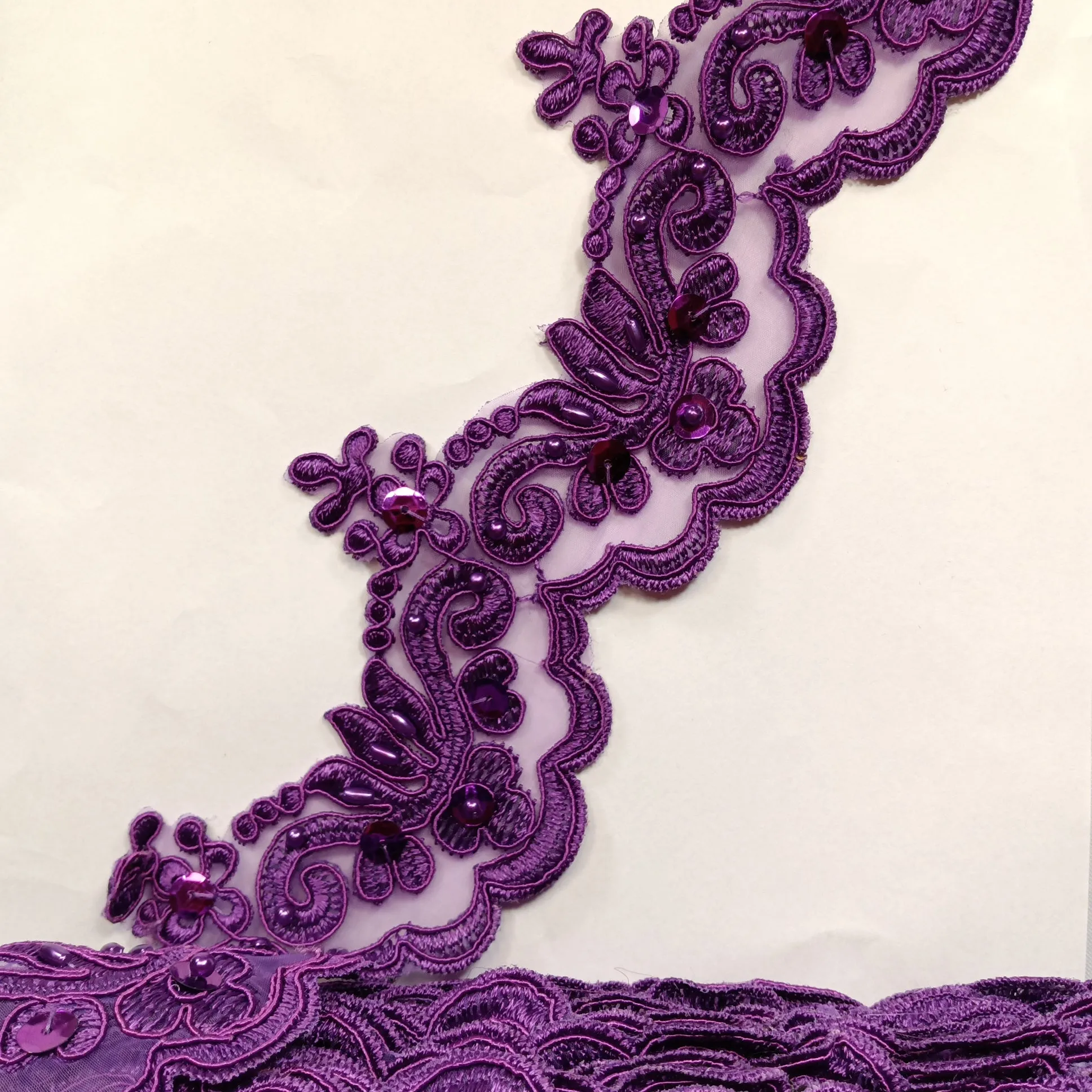 Beaded & Corded Lace Trimming Embroidered on 100% Polyester Organza | Lace USA - KZ-34