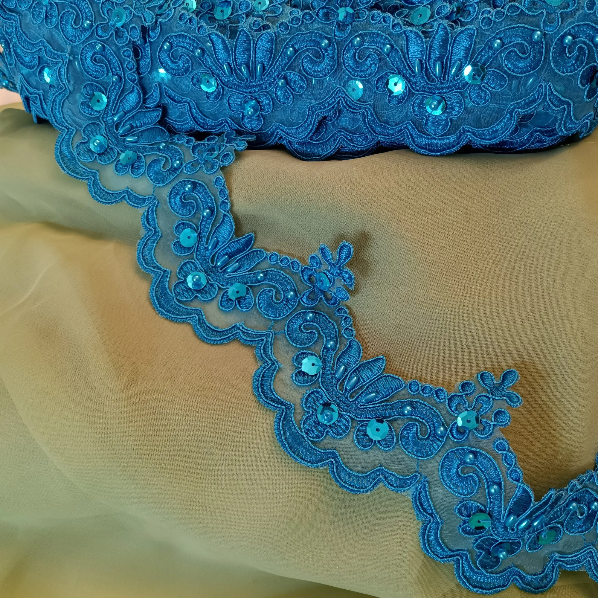 Beaded & Corded Lace Trimming Embroidered on 100% Polyester Organza | Lace USA - KZ-34