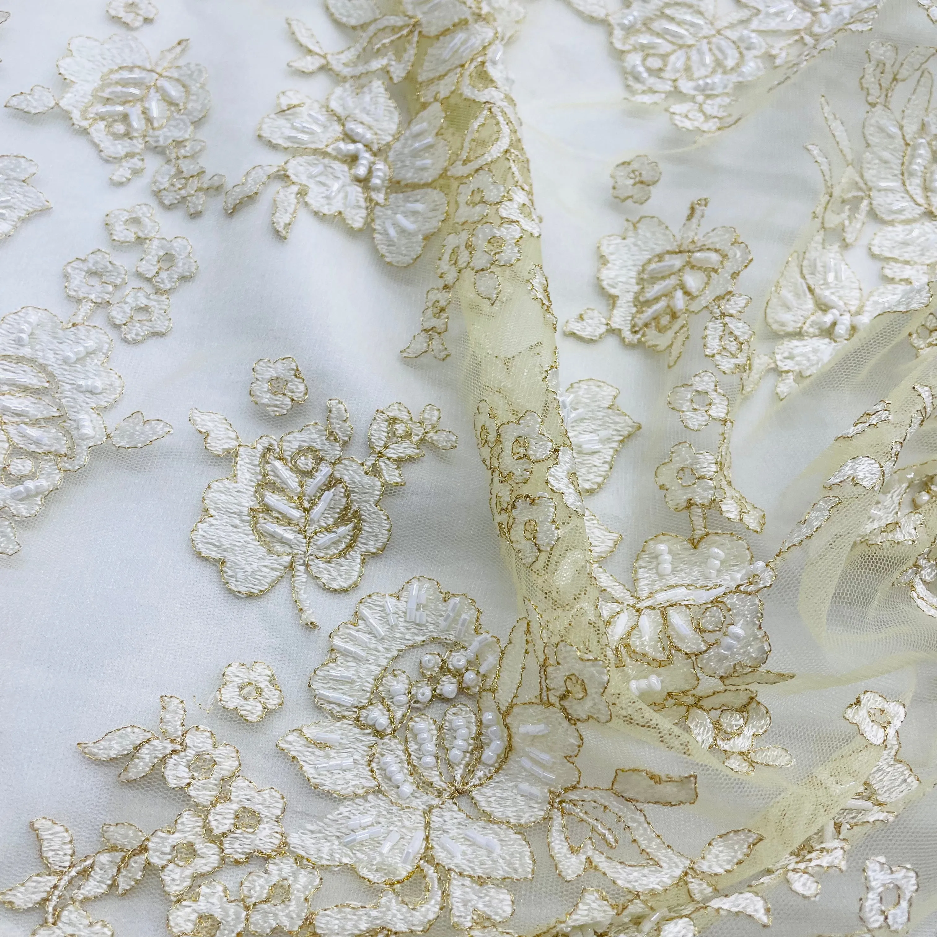 Beaded Lace Fabric Embroidered on 100% Polyester Net Mesh | Lace USA - 41264W-BP