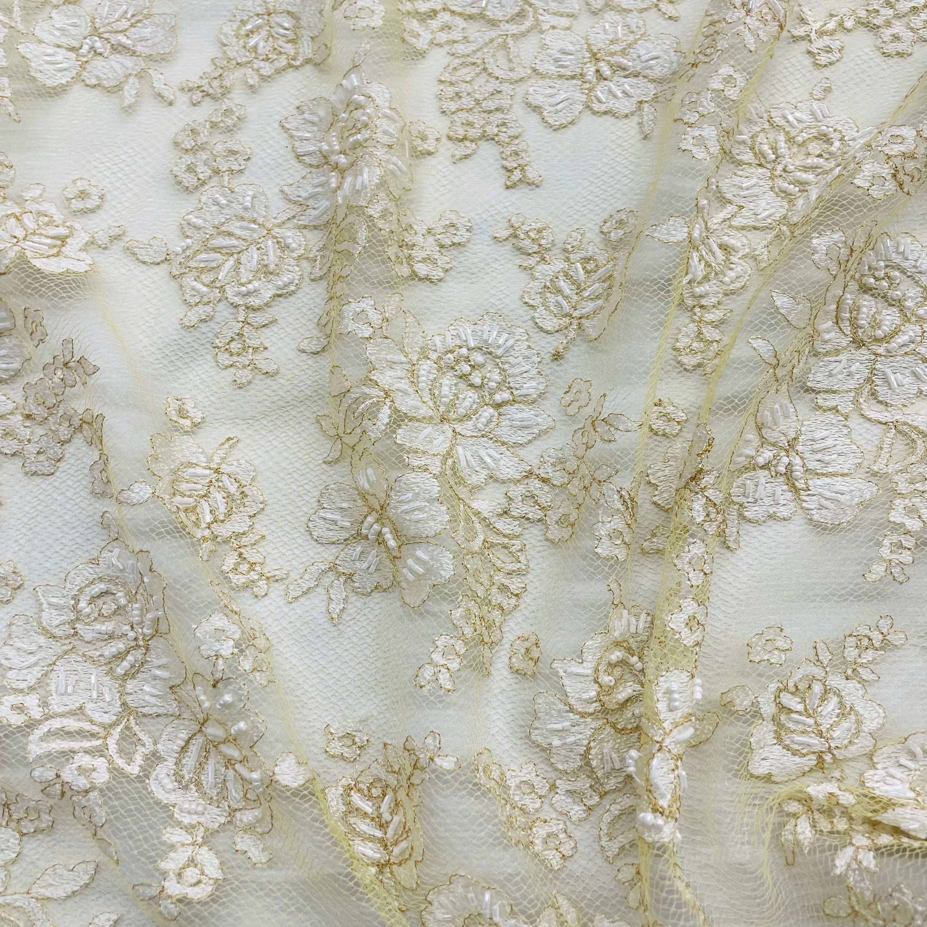 Beaded Lace Fabric Embroidered on 100% Polyester Net Mesh | Lace USA - 41264W-BP