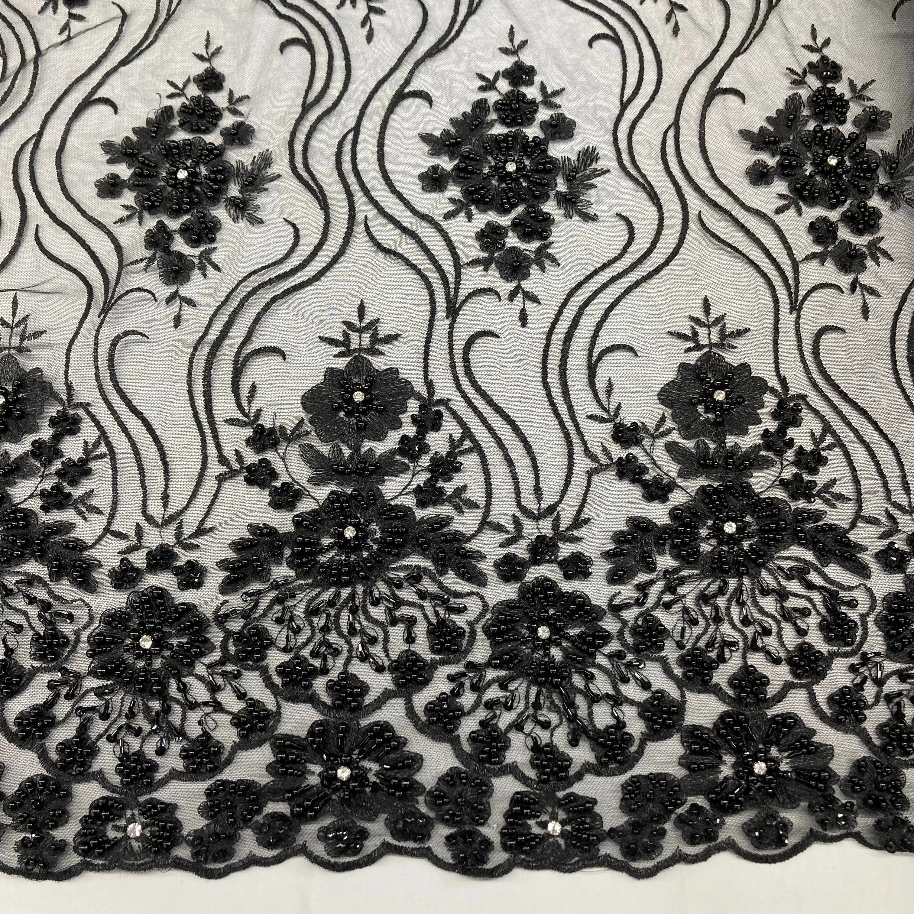 Beaded Lace Fabric Embroidered on 100% Polyester Net Mesh | Lace USA - GD-18615