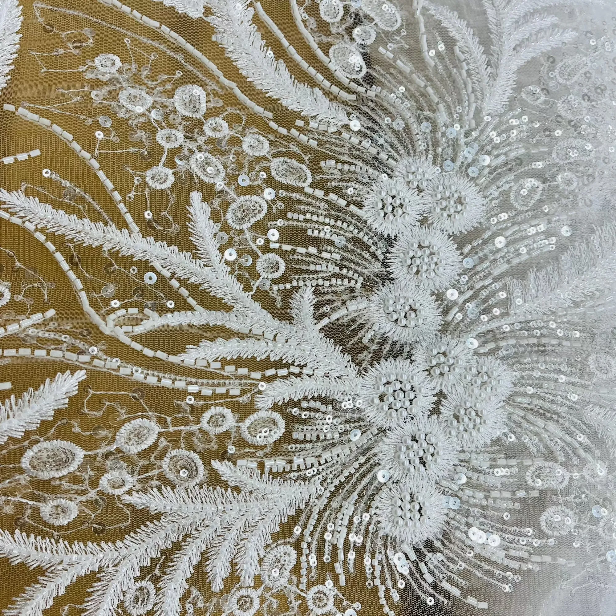 Beaded Lace Fabric Embroidered on 100% Polyester Net Mesh | Lace USA - GD-220712