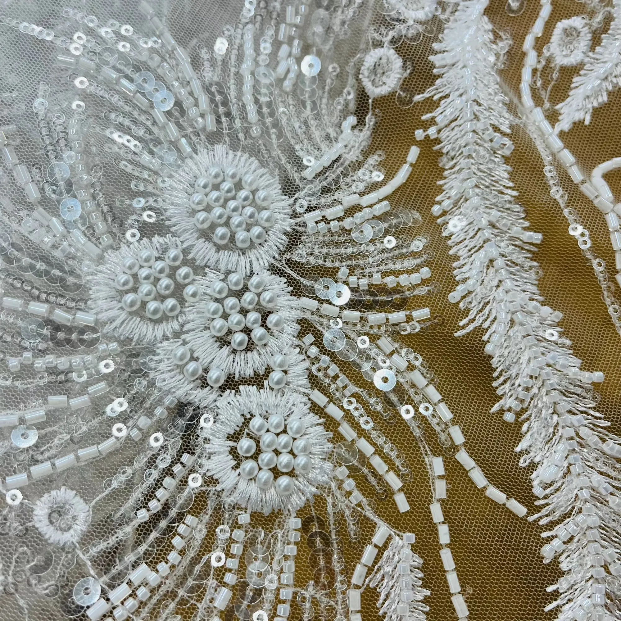 Beaded Lace Fabric Embroidered on 100% Polyester Net Mesh | Lace USA - GD-220712