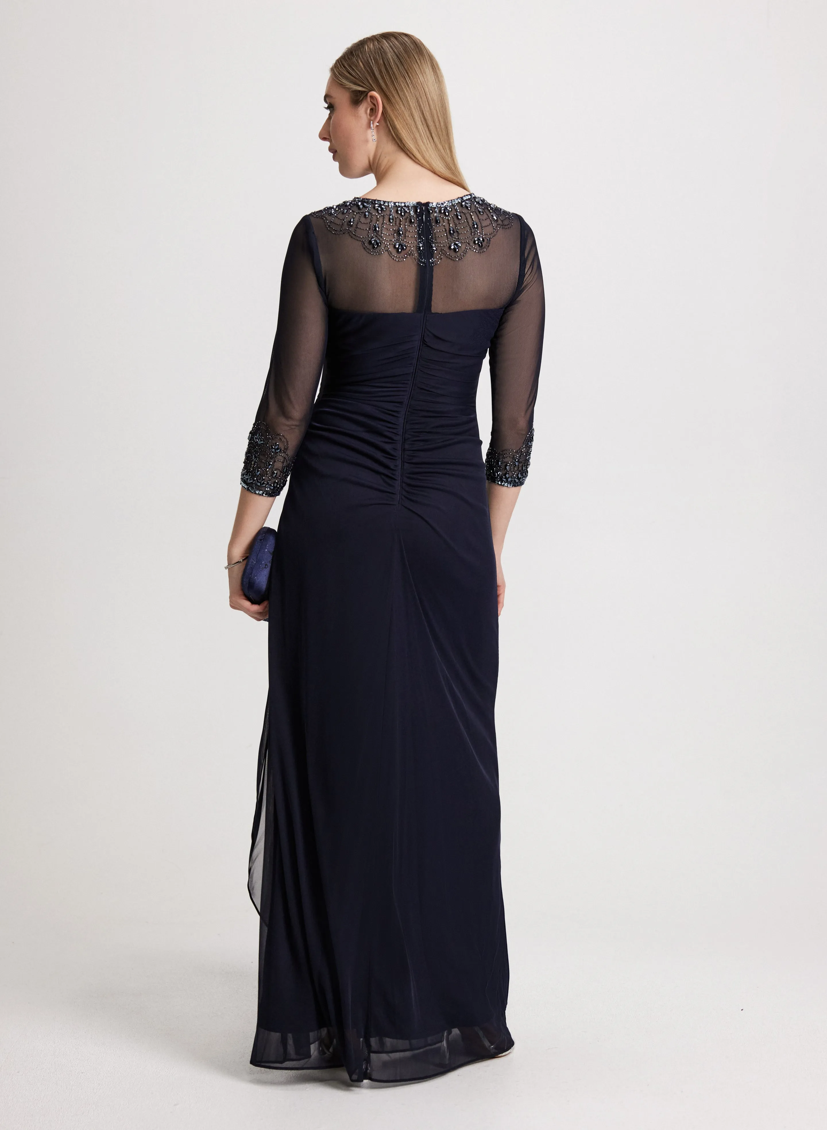 Beaded-Neck Long Flounce Dress