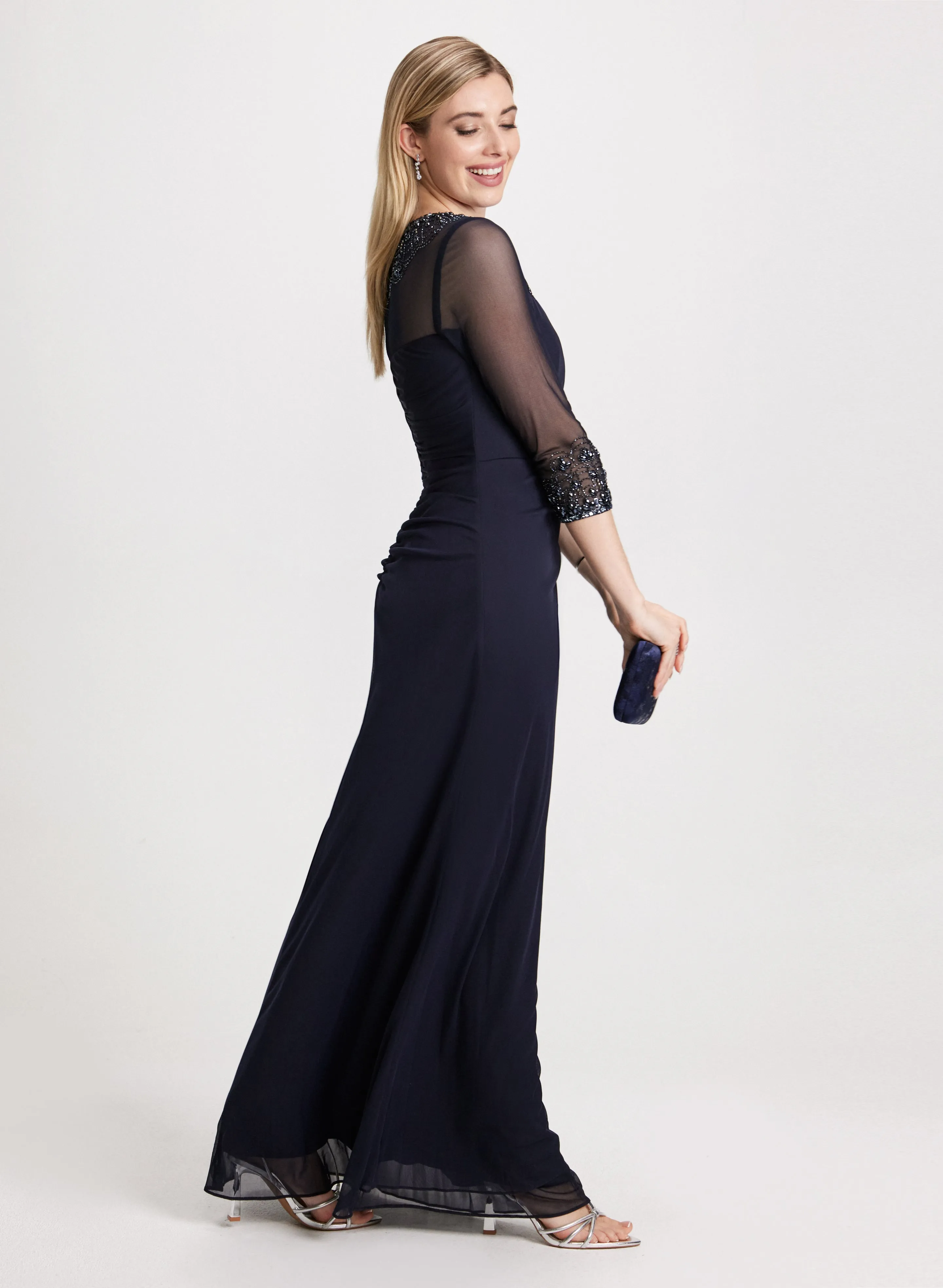 Beaded-Neck Long Flounce Dress