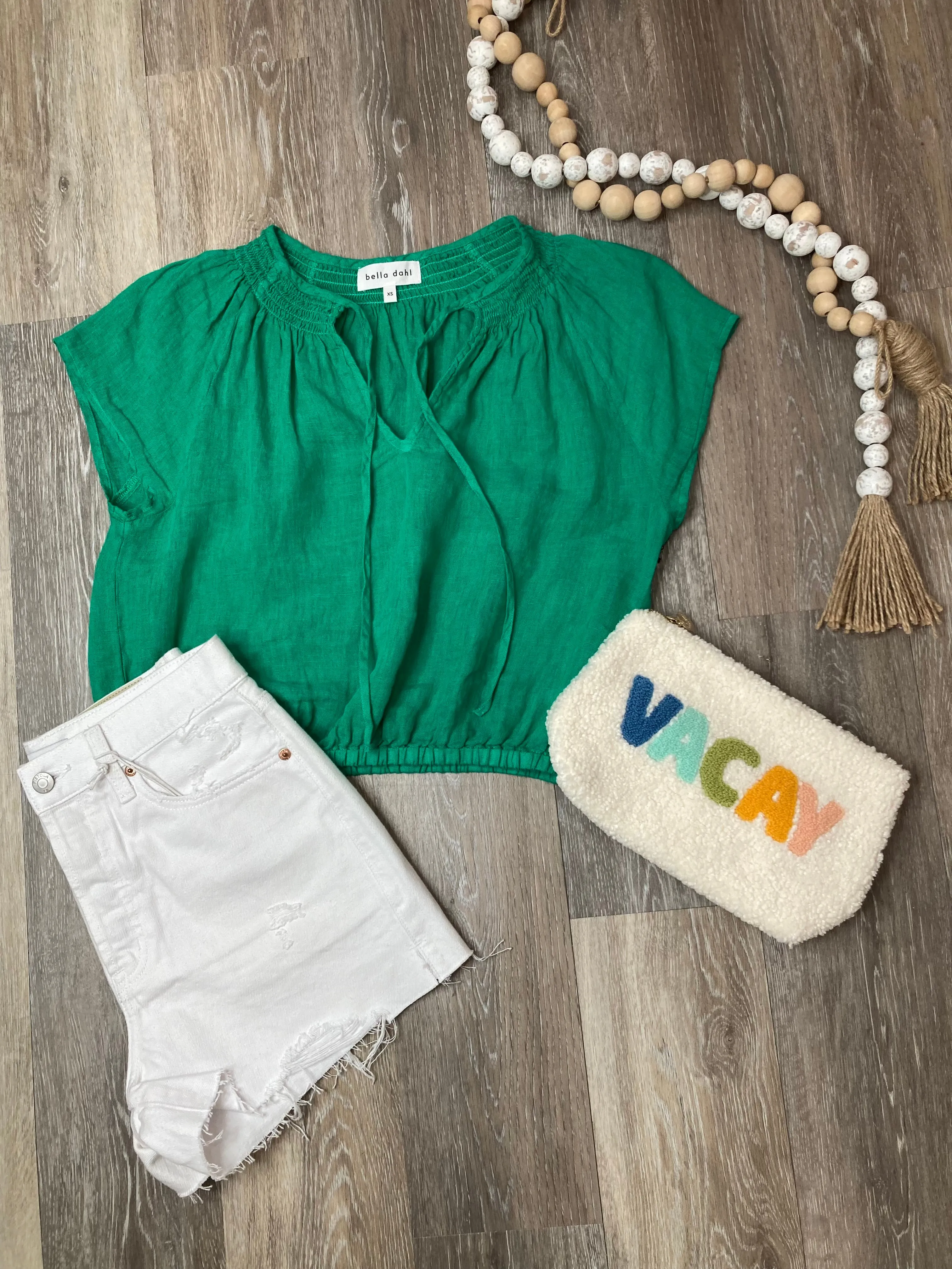 BEL Smocked Tie Top in Tropical Green Linen