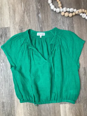 BEL Smocked Tie Top in Tropical Green Linen