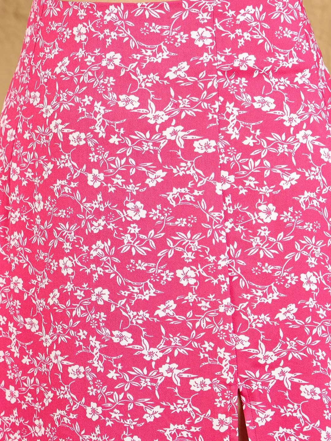 Berrylush Women Pink Floral Print High Waist A-Line Front Slit Midi Skirt