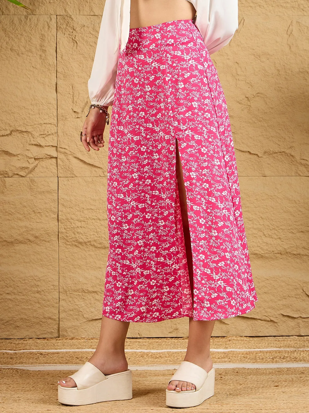 Berrylush Women Pink Floral Print High Waist A-Line Front Slit Midi Skirt