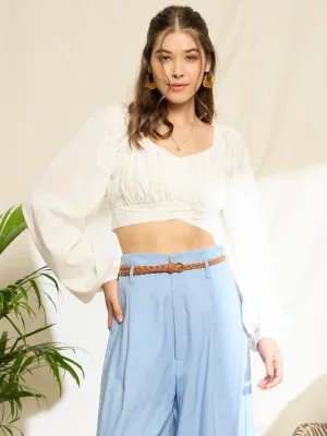 Berrylush Women White Solid Sweetheart Neck Bishop Sleeve Styled Back Crop Top