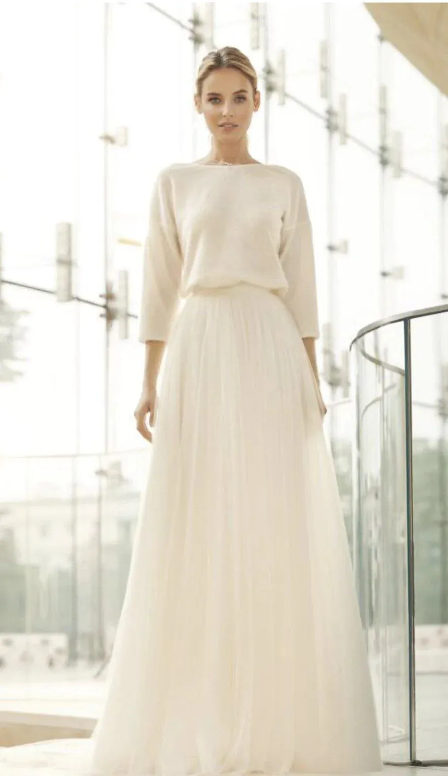 Bianco Evento Bridal Ivory Tulle Skirt with Train, Satin Waist CALYPSO