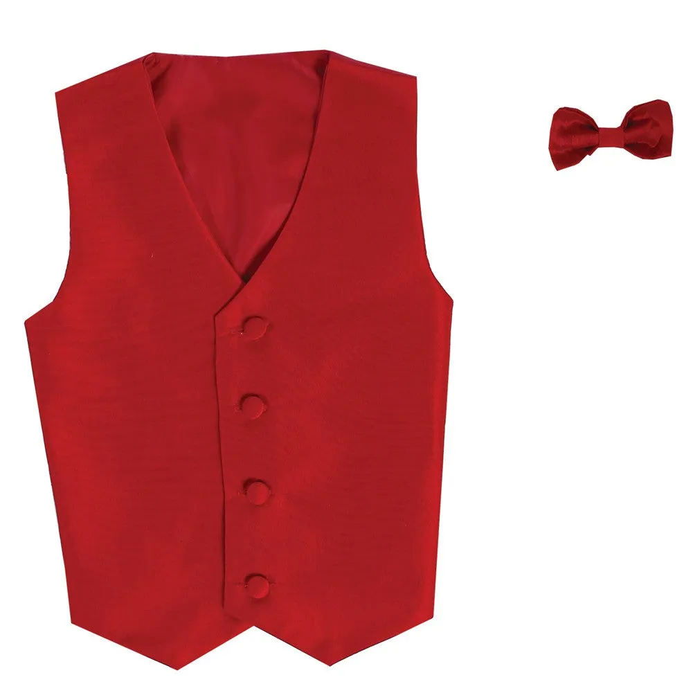 Big Boys Red Poly Silk Vest Bowtie Special Occasion Set 8-14
