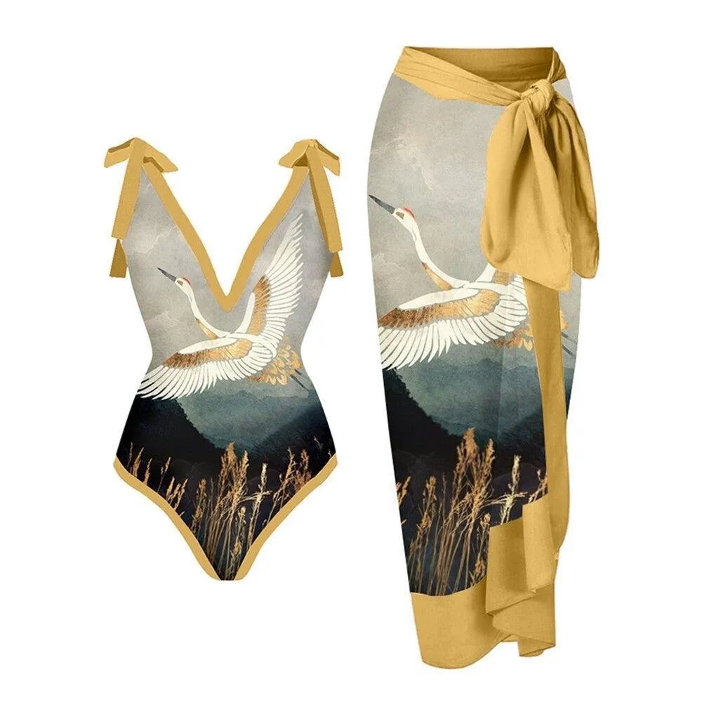 Bikini Lace Up Swimwear Set Long Skirt Chiffon