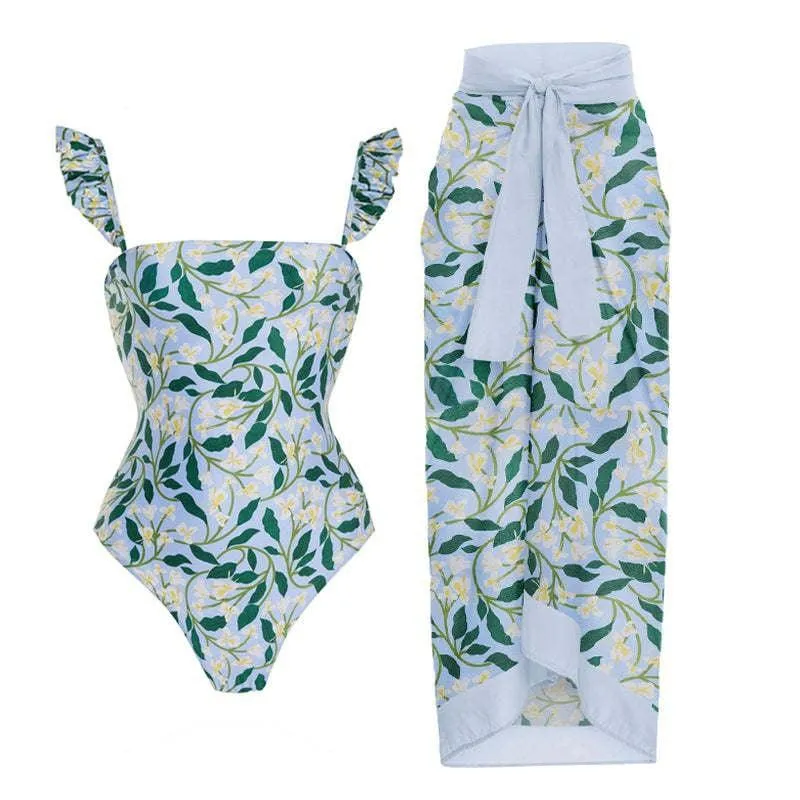 Bikini Lace Up Swimwear Set Long Skirt Chiffon
