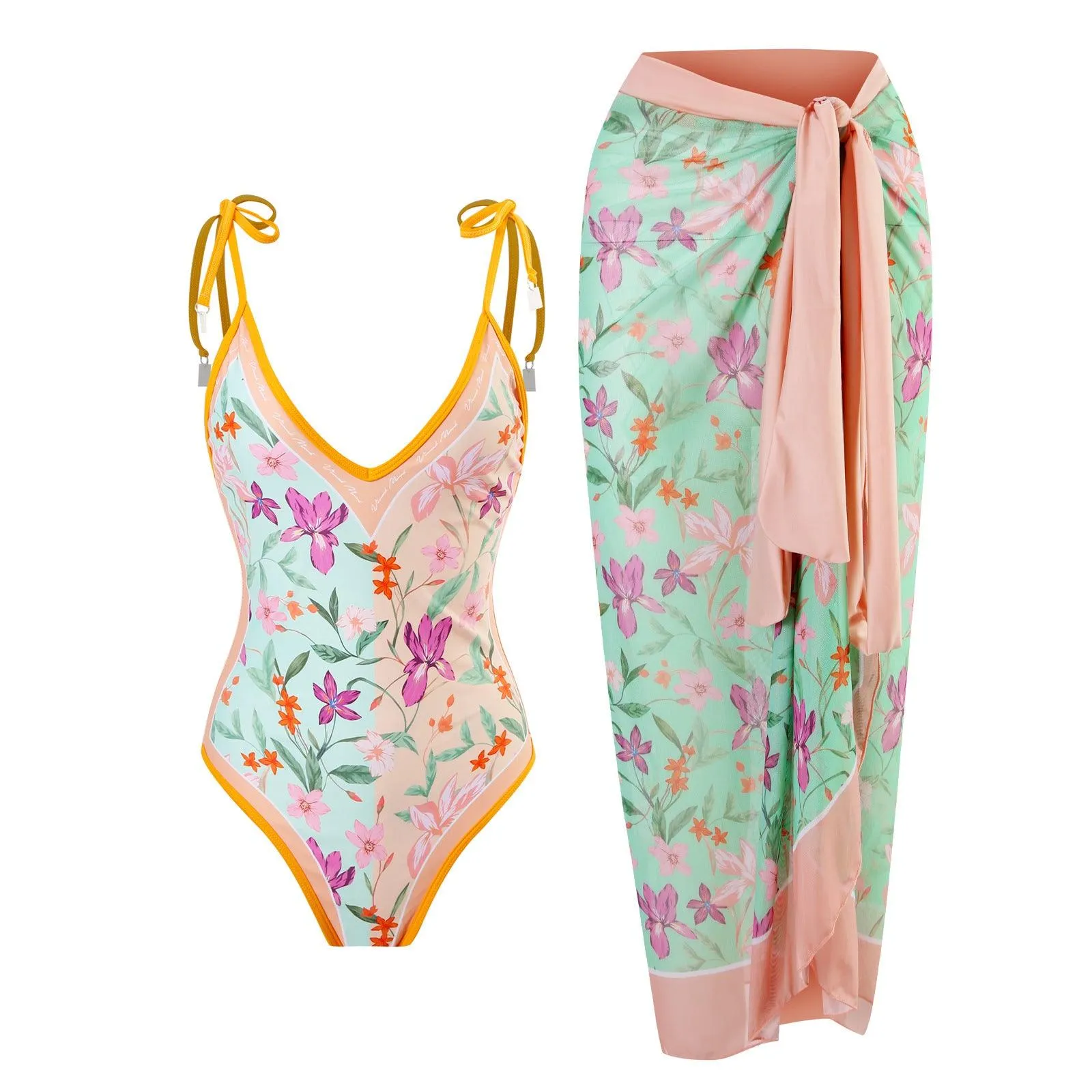 Bikini Lace Up Swimwear Set Long Skirt Chiffon