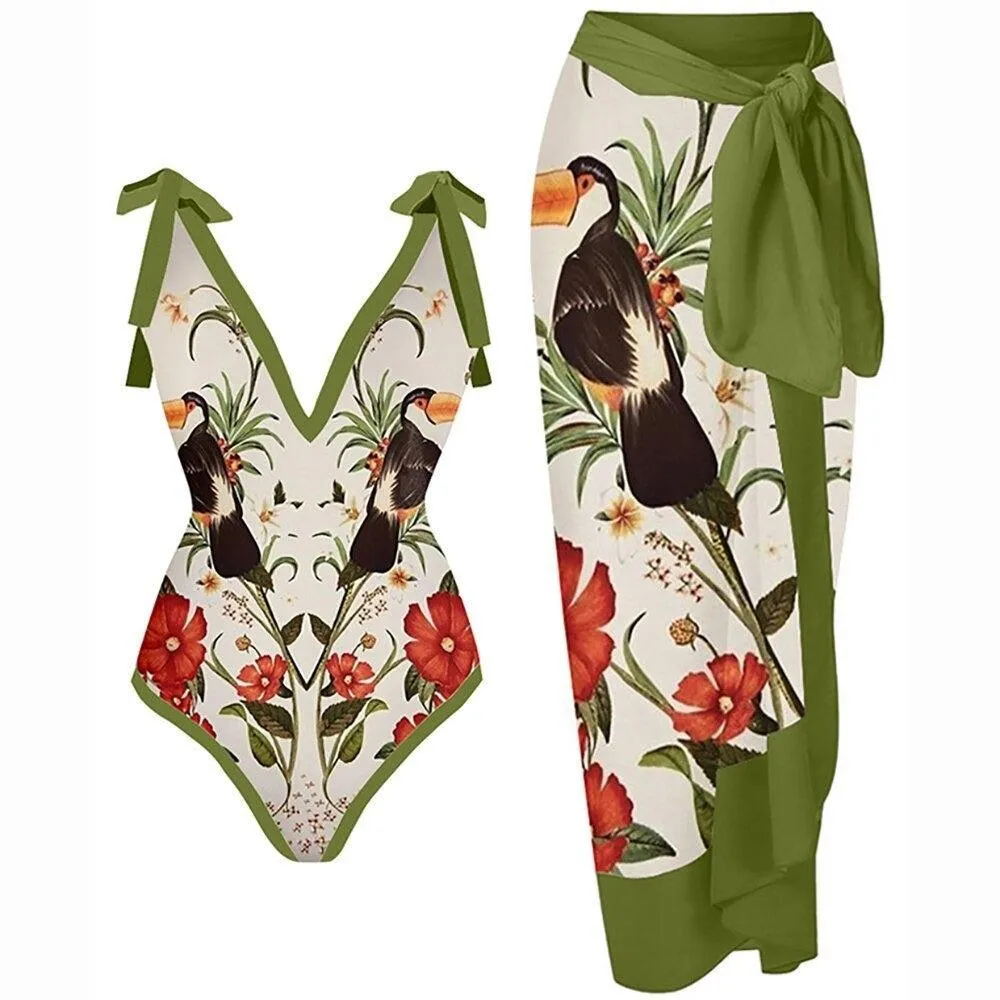 Bikini Lace Up Swimwear Set Long Skirt Chiffon