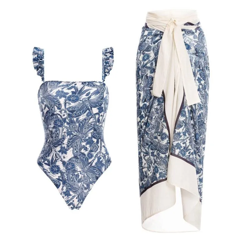 Bikini Lace Up Swimwear Set Long Skirt Chiffon