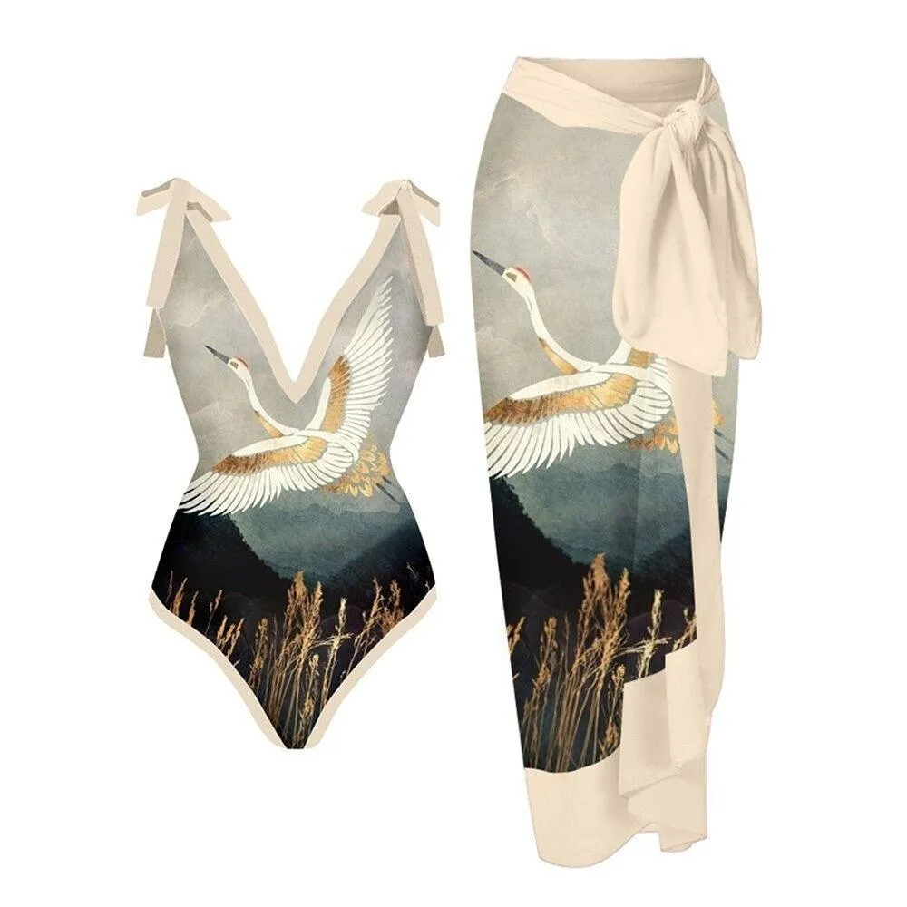 Bikini Lace Up Swimwear Set Long Skirt Chiffon