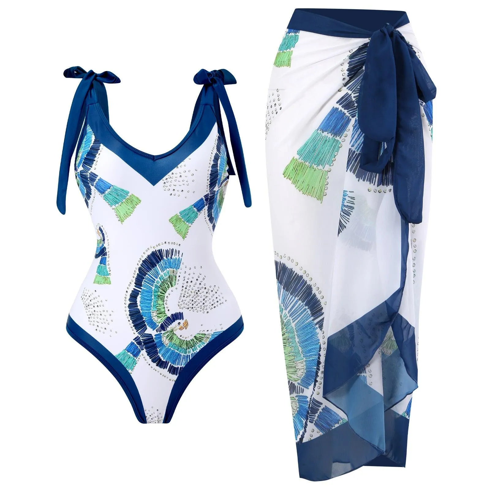 Bikini Lace Up Swimwear Set Long Skirt Chiffon
