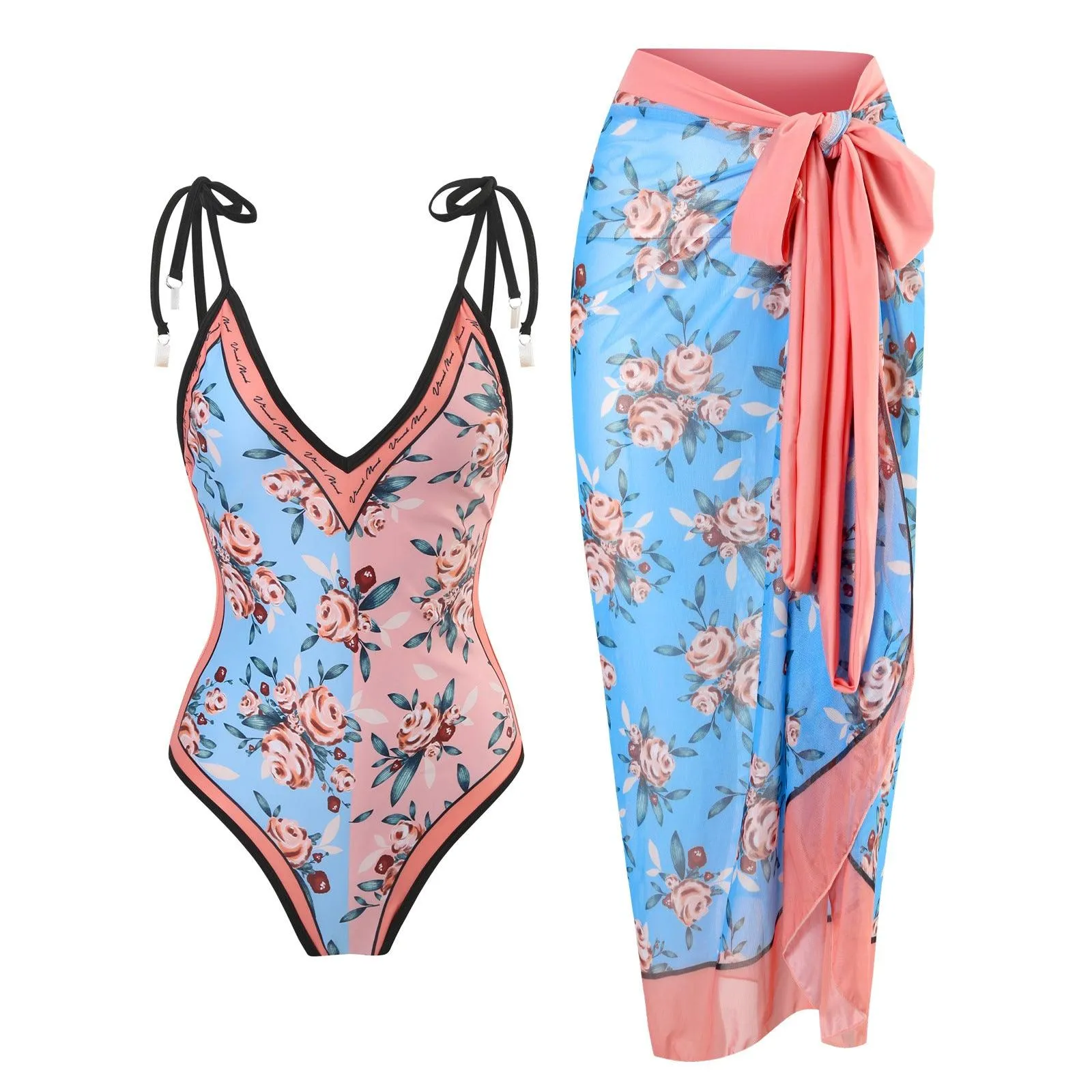 Bikini Lace Up Swimwear Set Long Skirt Chiffon