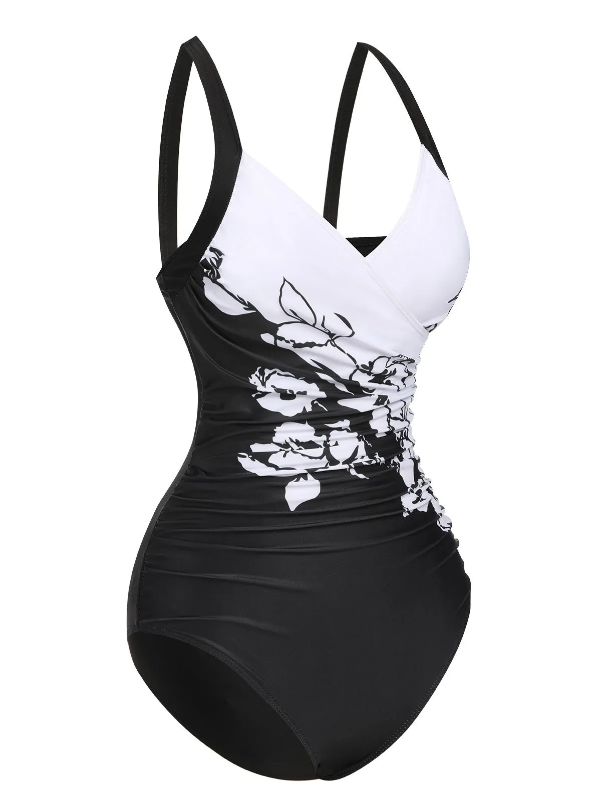 Black 1930s Wide-Straps Flowers Swimsuit