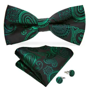 Black & Emerald Green Paisley Matching Bowtie Set (3pc)