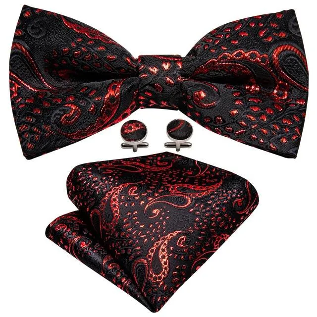 Black & Ruby Red Paisley Matching Bowtie Set (3pc)