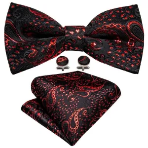 Black & Ruby Red Paisley Matching Bowtie Set (3pc)