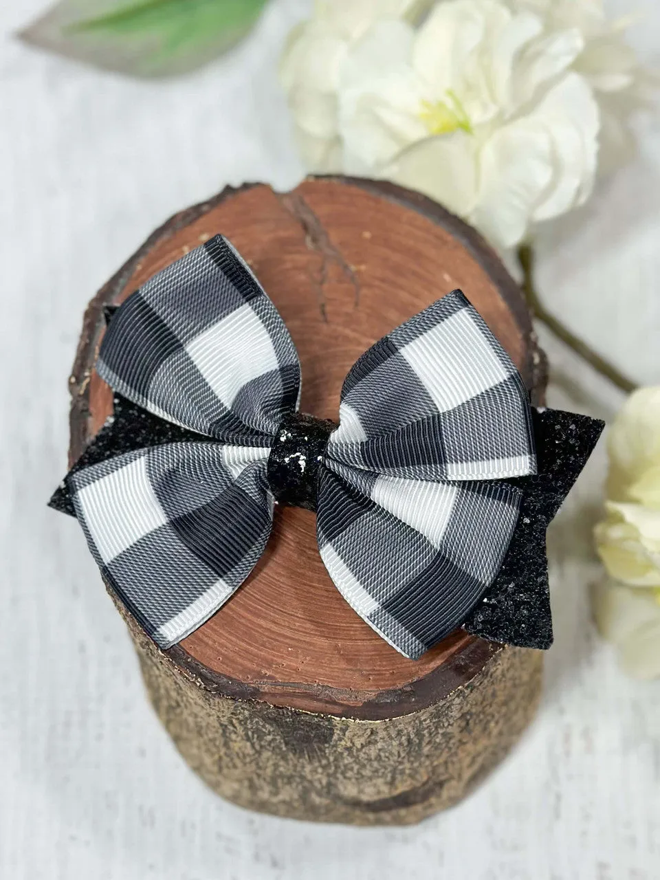 Black & White Glittery Buffalo Plaid Bow