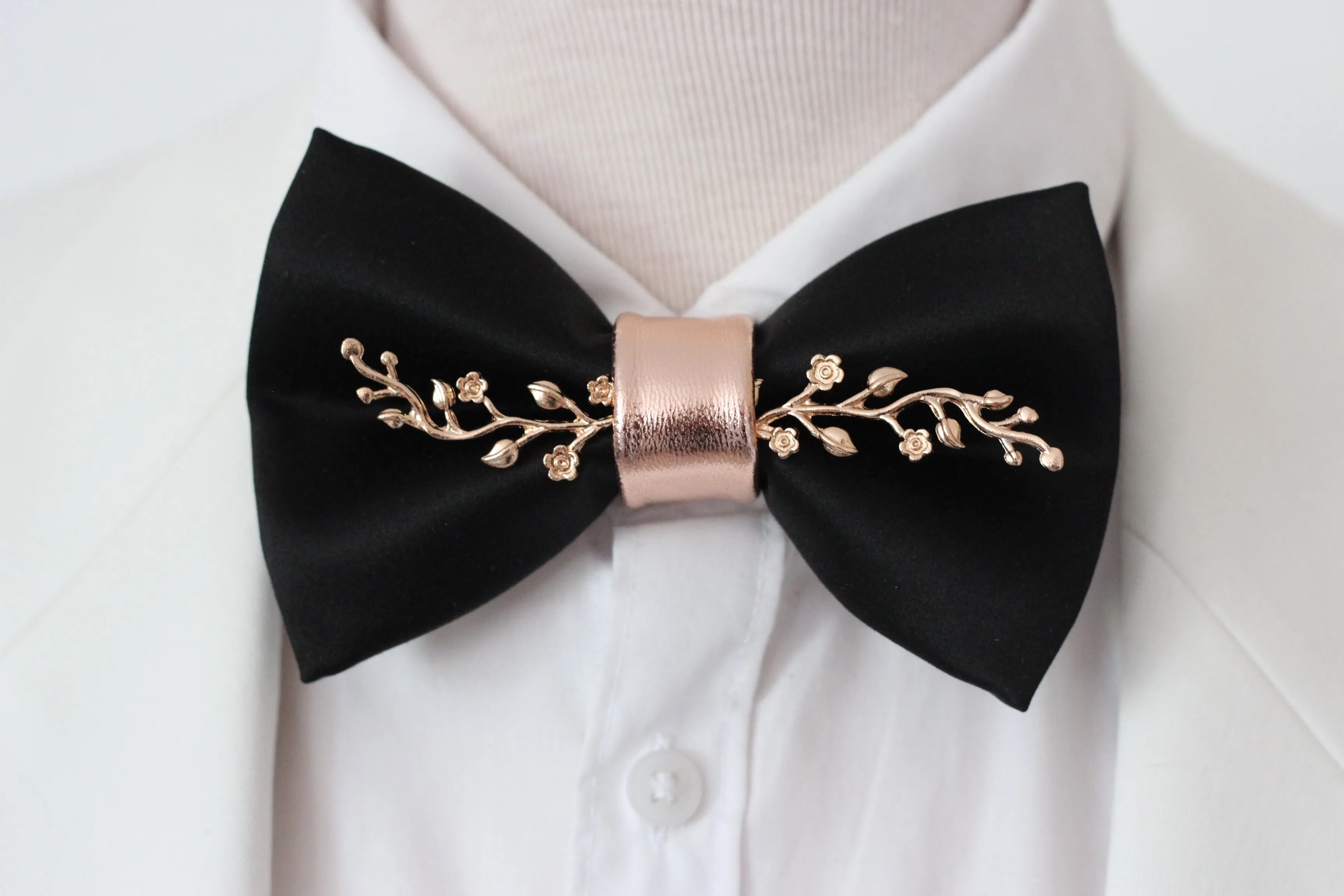 Black and roseGold mens satin bow tie