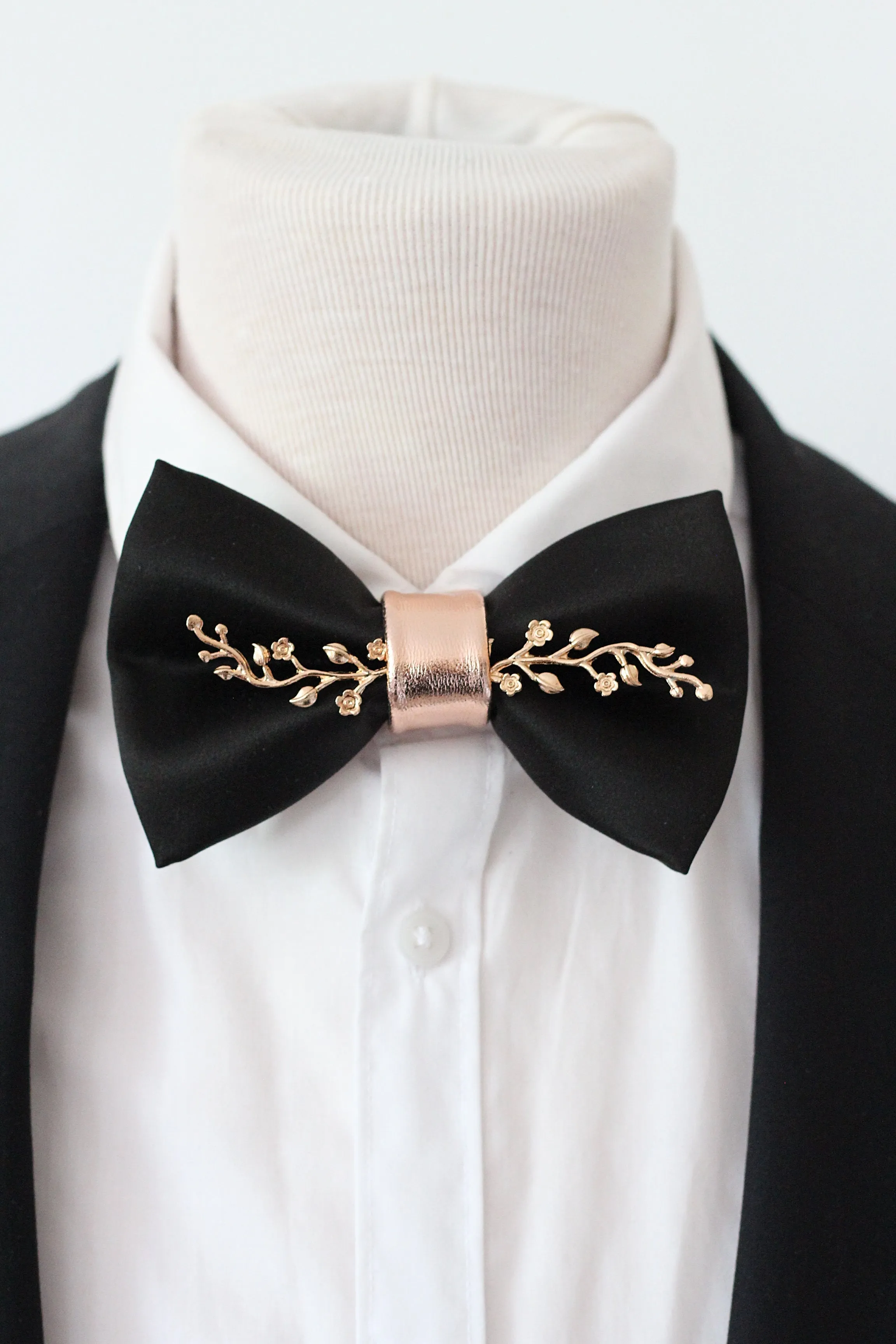 Black and roseGold mens satin bow tie