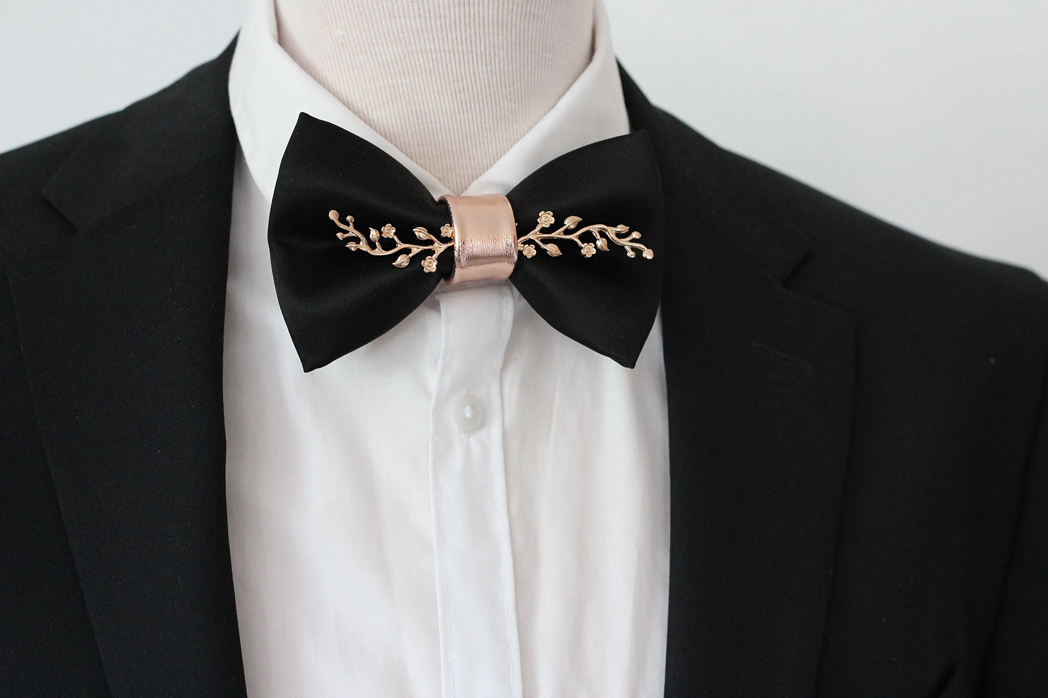 Black and roseGold mens satin bow tie