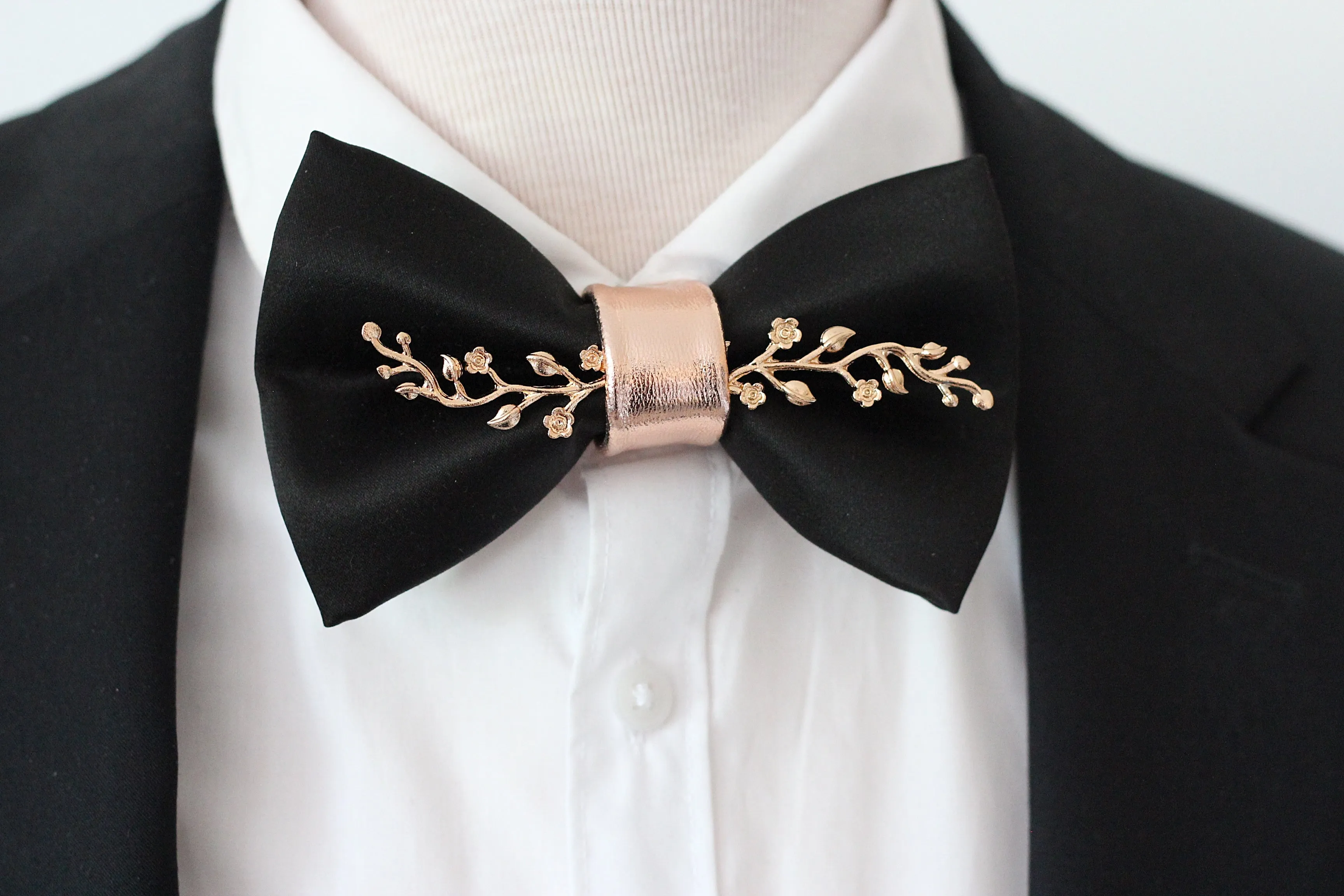 Black and roseGold mens satin bow tie