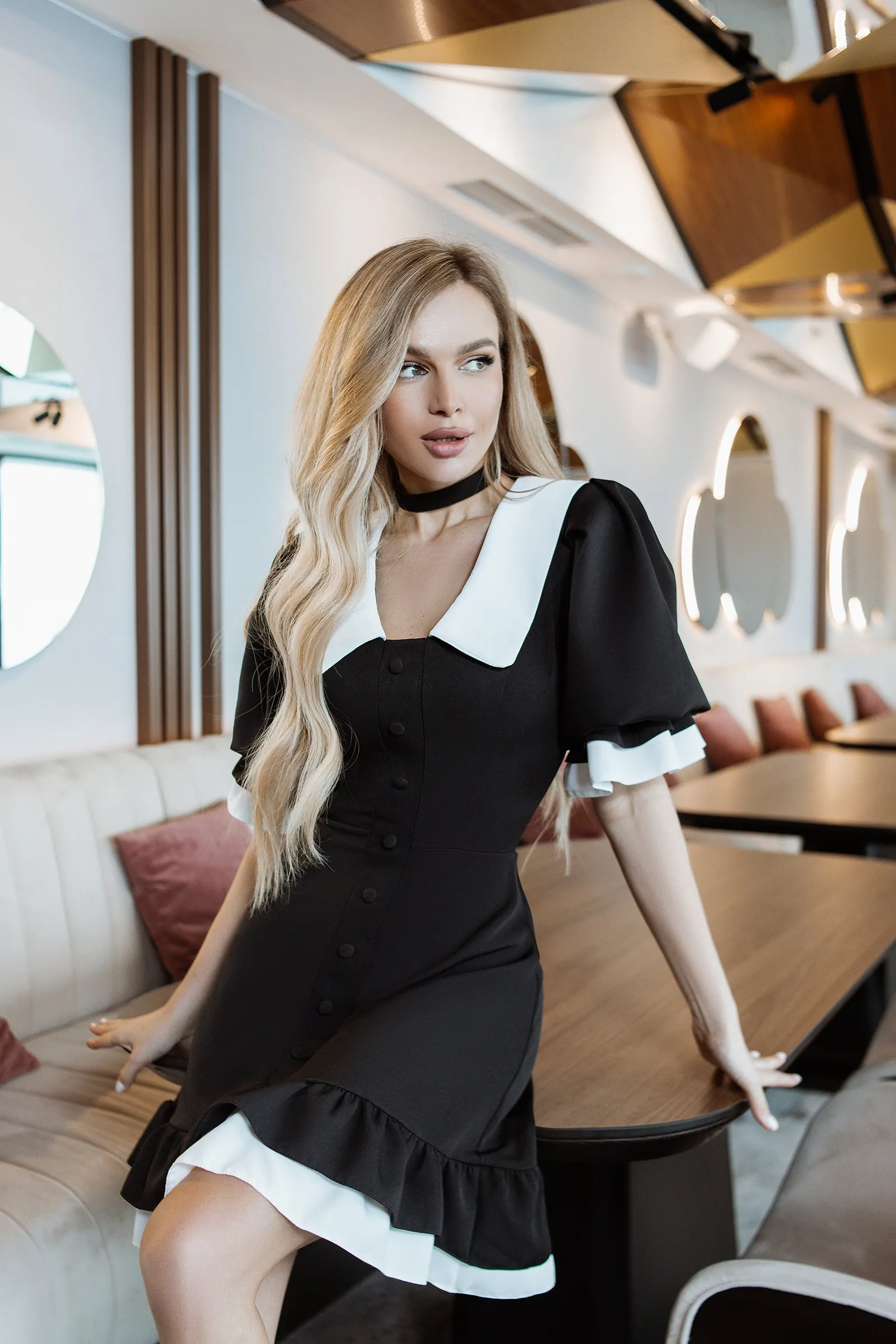 Black Collared Short Sleeve Mini Dress
