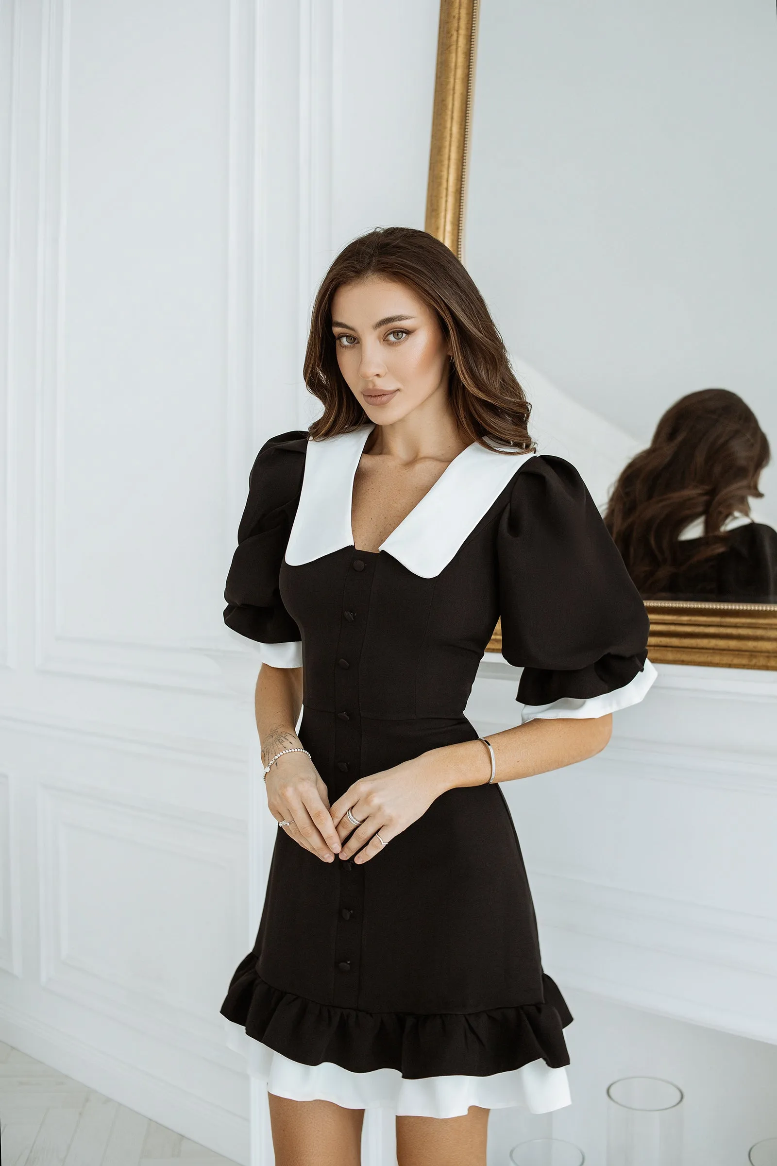 Black Collared Short Sleeve Mini Dress