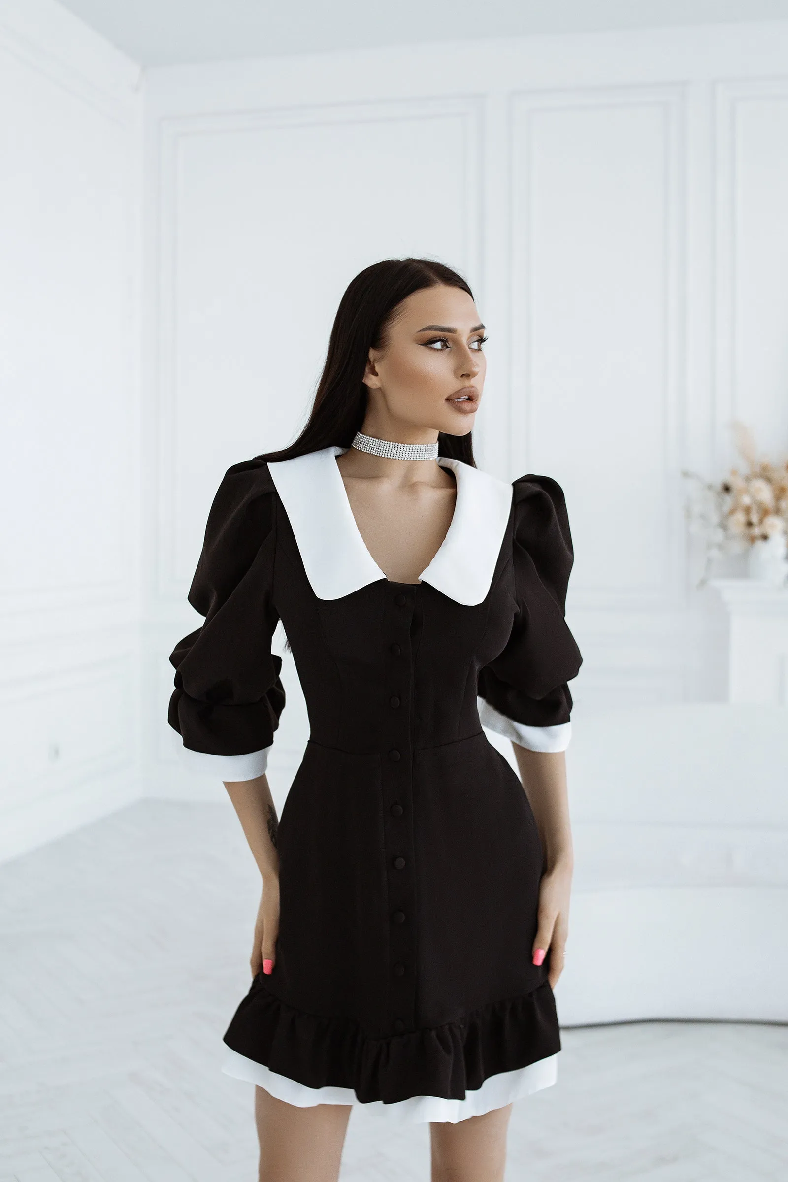 Black Collared Short Sleeve Mini Dress