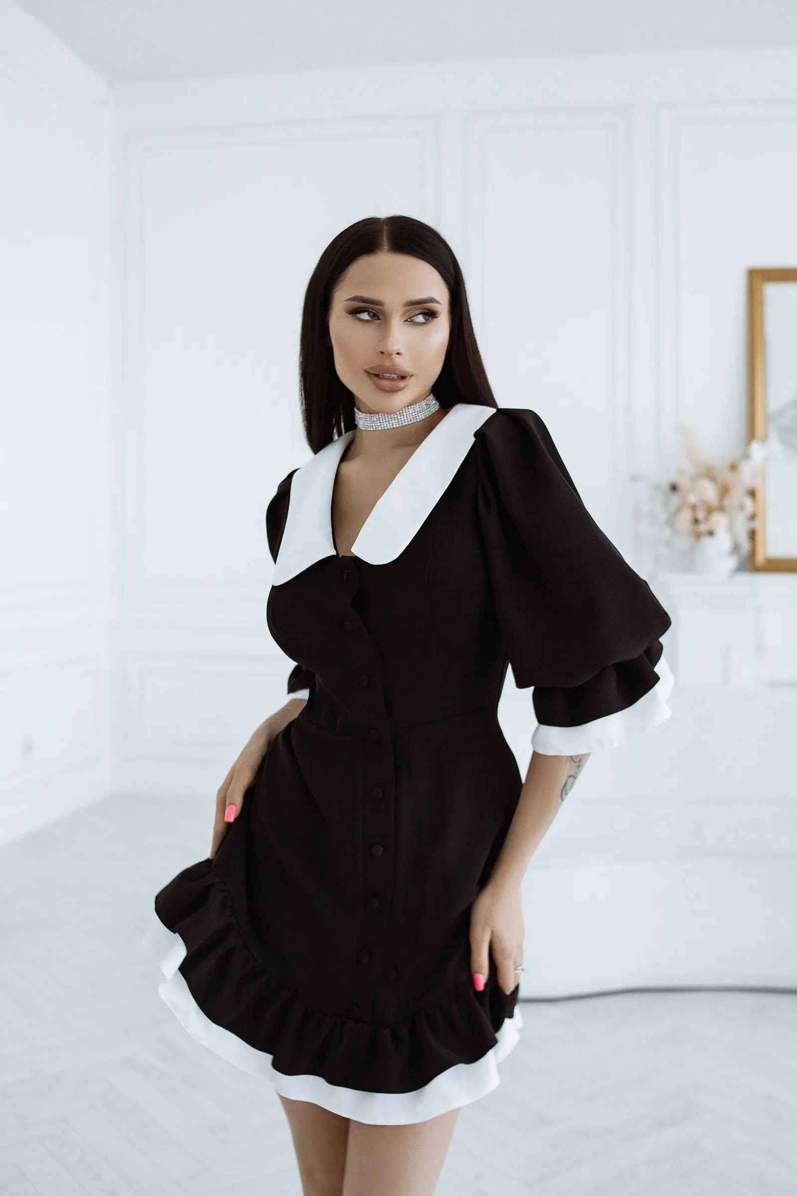 Black Collared Short Sleeve Mini Dress