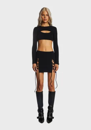 Black Crop Top And Tie Slit Skirt Set