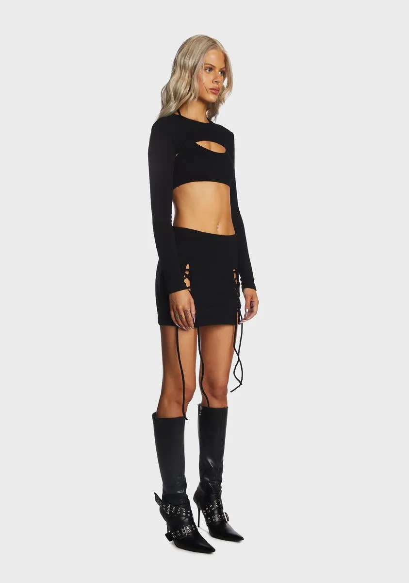 Black Crop Top And Tie Slit Skirt Set