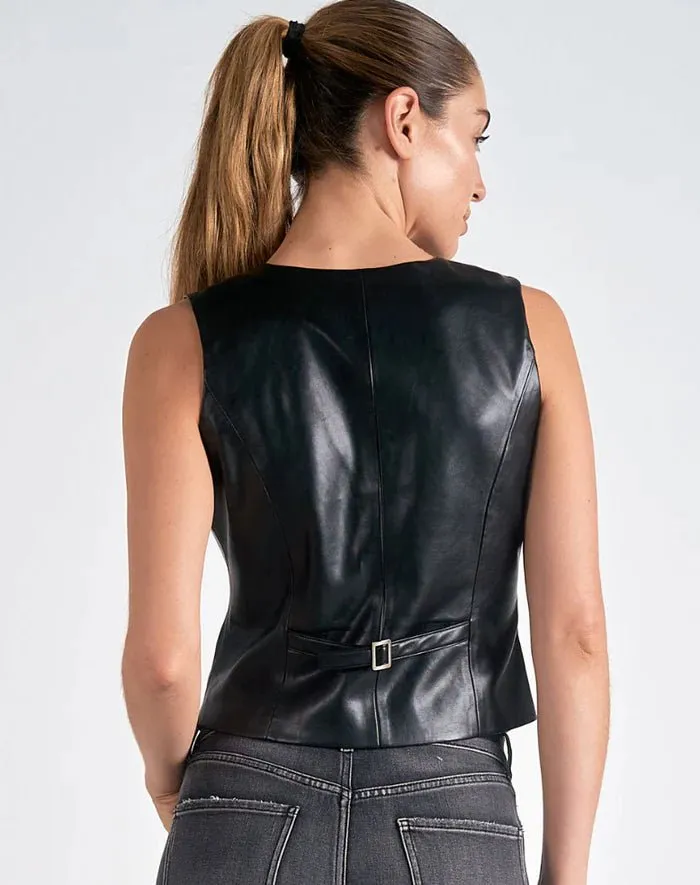 Black Faux Leather Button Down Vest