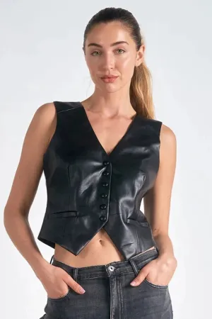 Black Faux Leather Button Down Vest