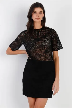 Black Lace Embroidery Detail Short Sleeve Semi-Sheer Top & Skirt Set /1-2-1