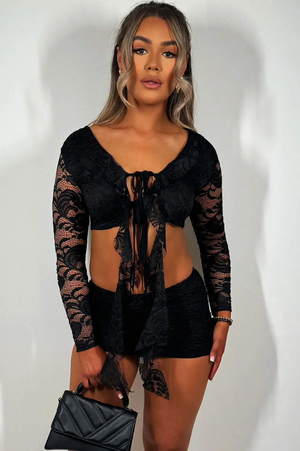 Black Lace Skirt And Top Set Festival Outfit With Frill Detail