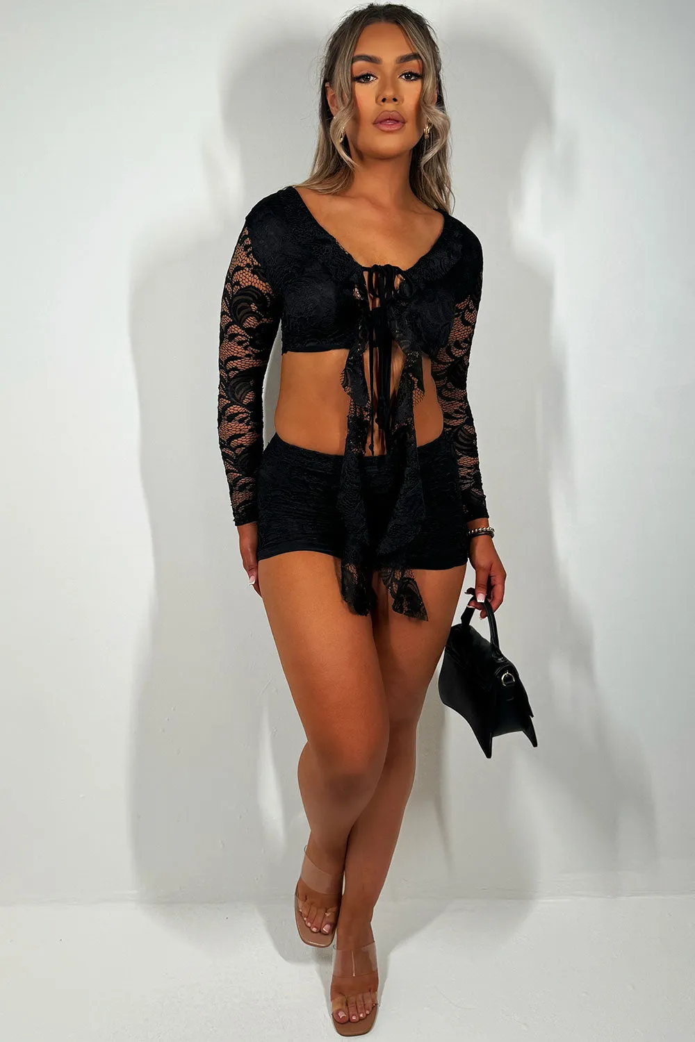 Black Lace Skirt And Top Set Festival Outfit With Frill Detail