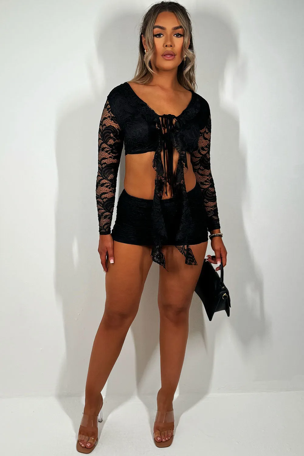 Black Lace Skirt And Top Set Festival Outfit With Frill Detail